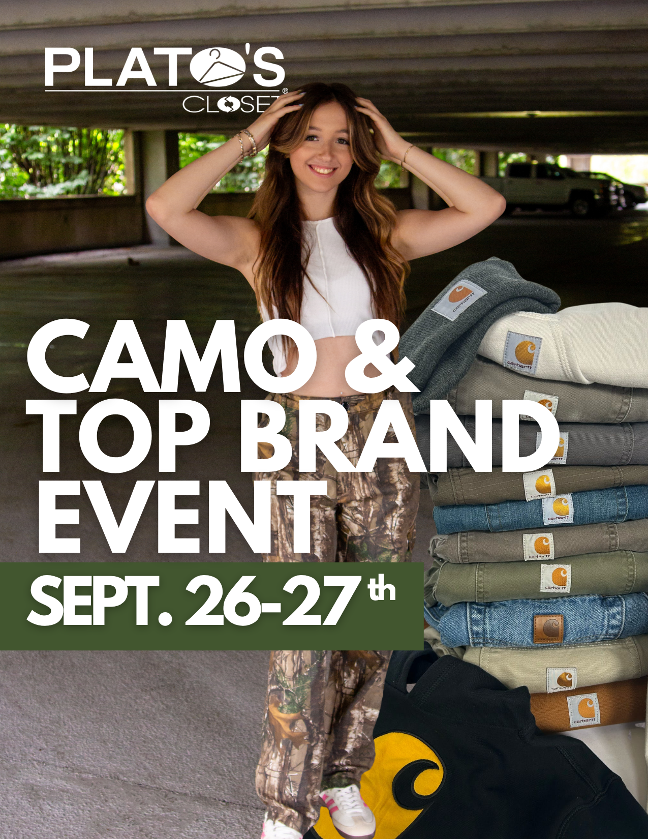 Fall is calling! Join us September 26–27 at Plato’s Closet for our Camo & Carhartt Event! Shop coats, jackets, hoodies, and more to get fall-ready — up to 70% OFF mall prices! Whether you’re looking for classic Carhartt or the perfect camo piece, this is your chance to stock up for fall without breaking the bank. Don’t wait — the best finds go fast!